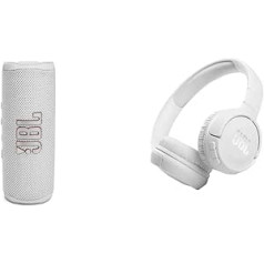 JBL Flip 6 Bluetooth Box baltā krāsā, ūdensnecaurlaidīgs pārnēsājams skaļrunis ar divvirzienu skaļruņu sistēmu un Tune 510BT, Bluetooth austiņas baltā krāsā, salokāmas austiņas ar brīvroku funkciju