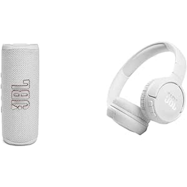 JBL Flip 6 Bluetooth Box baltā krāsā, ūdensnecaurlaidīgs pārnēsājams skaļrunis ar divvirzienu skaļruņu sistēmu un Tune 510BT, Bluetooth austiņas baltā krāsā, salokāmas austiņas ar brīvroku funkciju