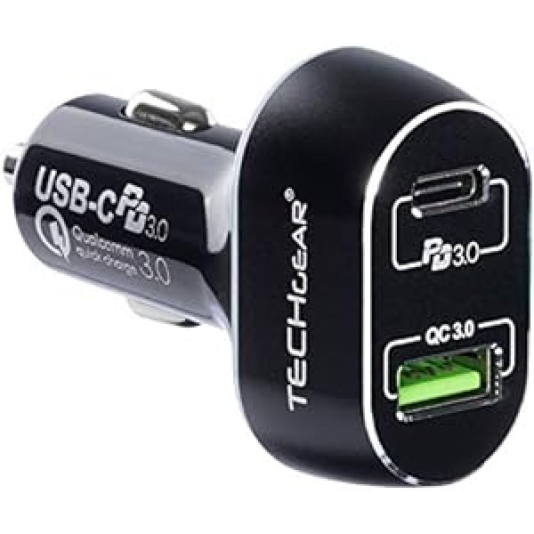 TECHGEAR USB C automašīnas lādētājs, 63 W 2 portu USB automašīnas lādētājs ar 45 W PD strāvas padevi, 18 W ātrās uzlādes 3.0 pieslēgvieta tālruņiem iPhone 11 Pro XS Max XR, iPad Pro, MacBook Pro/Air 2018, Galaxy S10, S9, Note 10 u