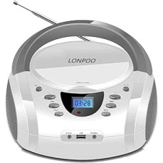 Nešiojamas CD grotuvas (baltas), LP-D01 Boombox su Bluetooth, FM radijas, Aux in, ausinių lizdas, USB įvestis, CD radijas, sulankstoma nešiojimo rankena