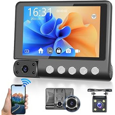 WiFi Dashcam 3 kamera, Hodozzy 1440P Full HD 4 collu skārienekrāna nakts redzamības kamera, priekšējais salons un aizmugurējā trīskāršā automašīnas kameras cilpa, kas ieraksta G-sensora parkošanās monitoru Dash kameras automašīnas atpaka