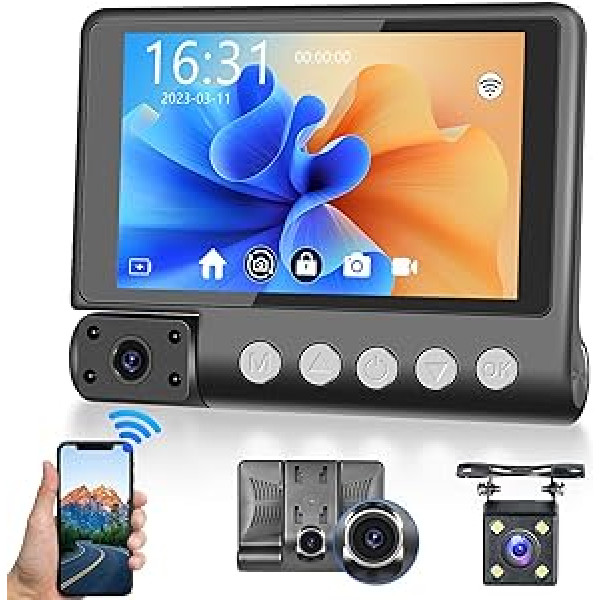 WiFi Dashcam 3 kamera, Hodozzy 1440P Full HD 4 collu skārienekrāna nakts redzamības kamera, priekšējais salons un aizmugurējā trīskāršā automašīnas kameras cilpa, kas ieraksta G-sensora parkošanās monitoru Dash kameras automašīnas atpaka