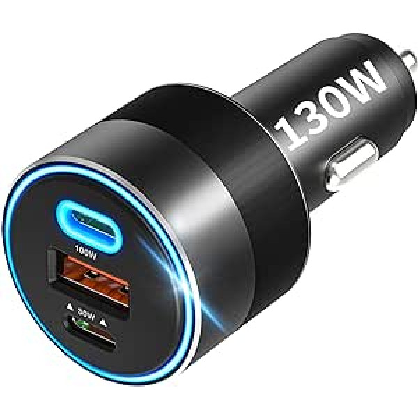 Cigarečių žiebtuvėlis USB C 130W automobilinis įkroviklis, 3 prievadų PD/PPS 100W ir PD/QC3.0 30W greito įkrovimo automobilinio įkroviklio adapteris, suderinamas su iPhone 15/14/13/12, Galaxy S23/S22/S21, iPad, planšetiniu kompiuteriu, nešiojamu