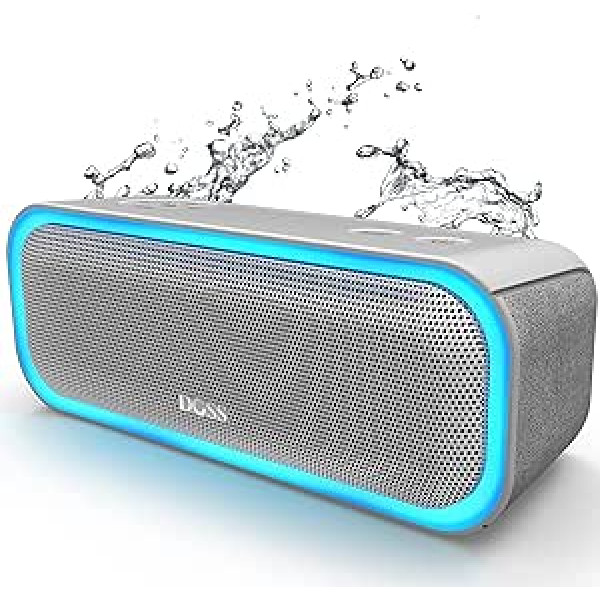 DOSS Bluetooth skaļrunis, SoundBox Pro mūzikas kaste Bluetooth, 20 W, daudzkrāsainas gaismas, IPX5 ūdensnecaurlaidīgs, 20 H akumulators, bezvadu stereo savienošana pārī, Bluetooth kaste mobilajam tālrunim, āra, pludmale — pelēks