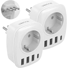 VINTAR 2 x Vācija uz Itāliju ceļojumu adapteris, 5-in-1 spraudņa adapteris, ar 3 USB portiem un 1 USB-C portu, piemērots ceļojumu adapterim Itālijā, Maldīvijā, Čīlē, CE sertifikācijas veids