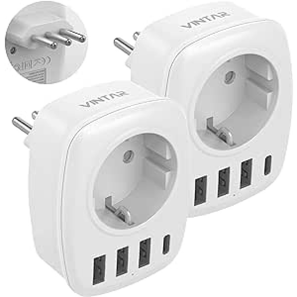 VINTAR 2 x Vācija uz Itāliju ceļojumu adapteris, 5-in-1 spraudņa adapteris, ar 3 USB portiem un 1 USB-C portu, piemērots ceļojumu adapterim Itālijā, Maldīvijā, Čīlē, CE sertifikācijas veids