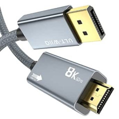 8K@60Hz DisplayPort–HDMI kabelis, DP 1.4a–HDMI 2.1 video kabelis, atbalsts 8K, 4K@120Hz/144Hz, 2K@240Hz, VRR, HDR, Dolby Vision, HDCP 2.3, DSC 1.2a personālajam datoram, HP, AM. D, NVIDIA (2M)