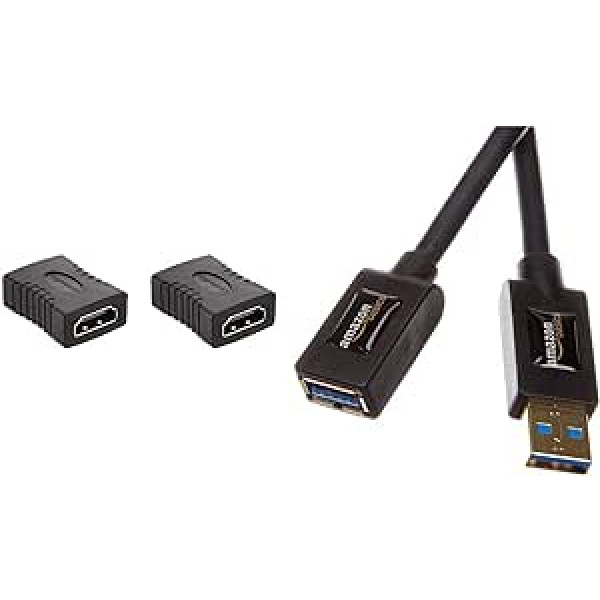 Amazon Basics — HDMI Adapter 2 Pack 29 x 22 mm Black & USB 3.0 pagarinātājs no vīrieša līdz mātītei 3 m (atpakaļsaderība ar USB 2.0 un 1.1)