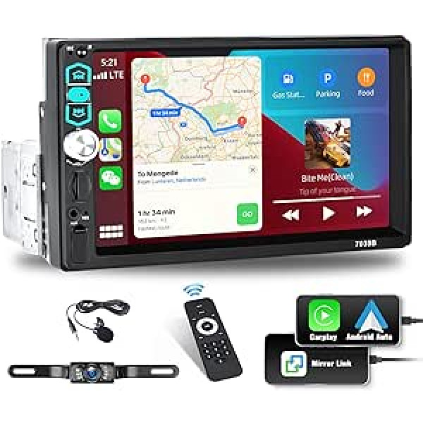 CAMECHO 1 DIN automašīnas radio Apple Carplay Android Car, CAMECHO 7 collu ekrāna radio automašīna ar Bluetooth GPS FM spoguļa saiti TF/USB/AUX ieeja SWC + AHD atpakaļgaitas kamera + mikrofons