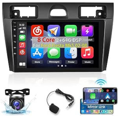 [8 Core 2+64G] Android automašīnas stereo iekārta Ford Fiesta Mk5 2002-2008 — 9 collu IPS ekrāna automašīnas radio ar Carplay un Android Car — WiFi GPS 32EQ DSP SWC balss vadība + rezerves kamera un mikrofons