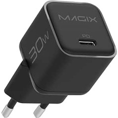 Magix USB-C lādētājs 30 W Nano, USB-C GaN PD barošanas piegāde iPhone 14/14 Pro/14 Pro Max/13 Pro/13 Pro Max, Galaxy, iPad (EU spraudnis) (melns)