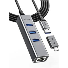 Aceele USB 3.0/ USB C Ethernet adapteris, Thunderbolt 3 uz Gigabit 4 USB 3.0 adapteris, kas saderīgs ar MacBook Air/Pro, iPad Pro/Air, Surface Pro 8, GalaxyTab S8/S7, Galaxy S22/S21 un USB-A datoriem