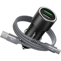 Cigarešu šķiltavas USB lādētājs 36 W/12 V ātrā uzlāde, JSAUX Dual QC3.0 automašīnas lādētājs, metāla automašīnas USB adapteris ar USB-C kabeli 1 m Saderīgs ar Samsung Galaxy S10/S9, Note, iPhone melns