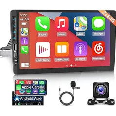 1 DIN Android Car Radio with Wireless Apple Carplay and Android Car, 2 + 32G, 9 Inch Touchscreen Radio, GPS Navi, WiFi, Mirror Link + AHD Reversing Camera and Microphone