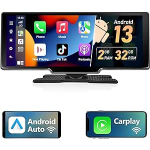 Podofo 10,26 collu pārnēsājams automašīnas radio ar bezvadu Apple Carplay Android Car 2+32G Android 12 automašīnas radio displeju ar Bluetooth, FM pārraidi, Apple Airplay, 7V-32V