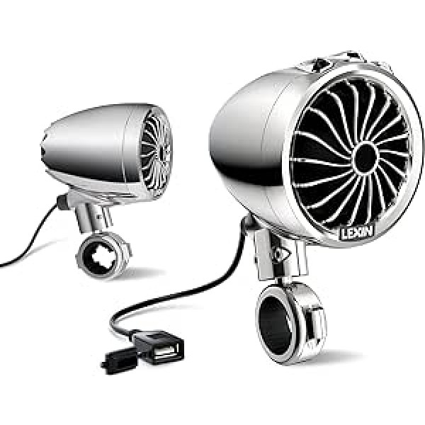 LEXIN Q3 motocikla skaļrunis ar FM radio, audio sistēma ar LED indikatoru, Chrome Bluetooth skaļrunis motociklam, motocikla skaļruņu sistēma, kas piemērota 7/8 collu līdz 1-1/4 collu stūrei