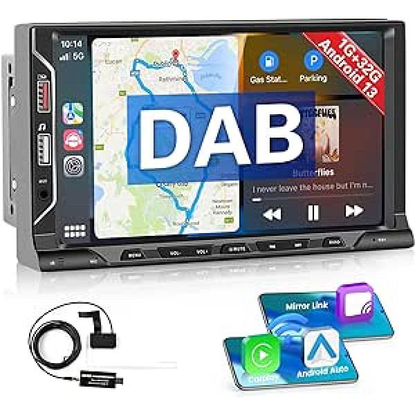 Hikity auto radio DAB+ Double DIN Android 11 ar navigācijas 7 collu skārienekrānu Apple Carplay Android automašīnas audio radio ar Bluetooth brīvroku sistēmu Spoguļa saites WiFi atbalsts atpakaļgaitas kameras AUX