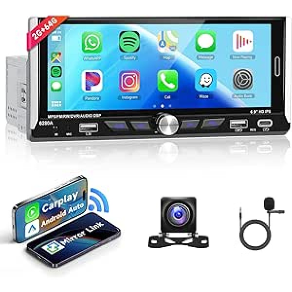 Hodozzy 2G + 64G bezvadu Apple Carplay automašīnas radio 1 DIN Android 6,9 collu skārienekrāna radio ar Bluetooth, GPS Navi, WiFi, Android Car, FM RDS EQ, 1 DIN ekrāns ar atpakaļgaitas kameru Type-C/USB/AUX-in