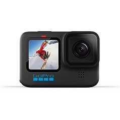 GoPro HERO10 melna ūdensizturīga darbības kamera ar priekšējo LCD un skārienjutīgu aizmuguri, 5.3K60 Ultra HD video, 23MP fotoattēli, 1080p tiešraides straumēšana, tīmekļa kamera, stabilizācija