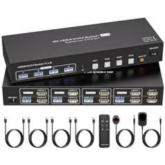 VPFET 4K divu monitoru HDMI KVM slēdzis 4 datori 4K60Hz USB 3.0 KVM slēdži HDMI atbalsta EDID montāžu 4 datoriem. Koplietojiet 2 monitorus un 4 USB 3.0 portu. Ietver DC12V adapteri un 4 USB 3.0 kabeļus