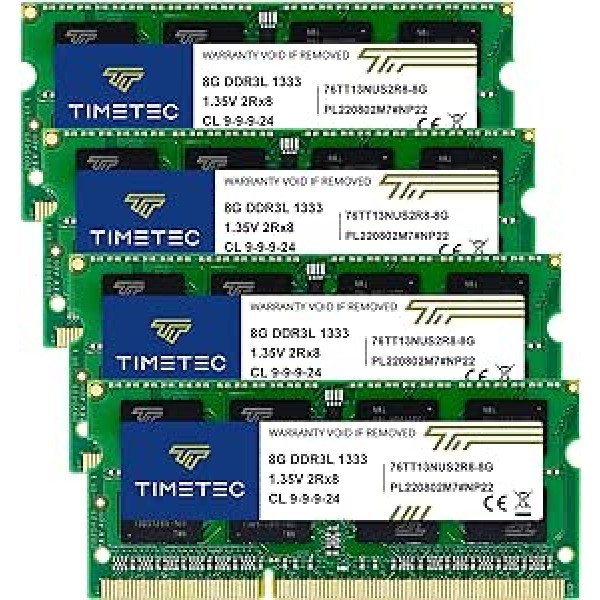 Timetec 32GB KIT (4x8GB) DDR3 1333MHz PC3-10600 Non-ECC Unbuffered 1.5V CL9 2Rx8 Dual Rank 204 Pin SODIMM Laptop Notebook PC Computer Memory Upgrade (32GB KIT (4x8GB)