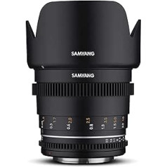 Samyang MF 50 mm T1.5 VDSLR MK2 Canon EF — spilgts T1.5 parastais kino un video objektīvs, kas paredzēts Canon EF stiprinājumam, 50 mm fiksēts fokusa garums, sekot fokusa zobratiem pilna kadra un APS-C, 8K izšķirtspēja