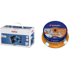 Slimline CD tukšs futrālis, caurspīdīgs melns, iepakojums 50 un Verbatim DVD-R platekrāna tintes drukājams 4,7 GB, 25 vārpstiņas iepakojumā, drukājamas DVD sagataves, 16x ierakstīšanas ātrums