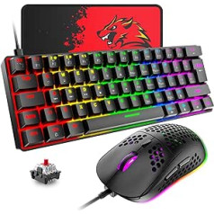 T60 Mini 60% Mechanical Keyboard Mouse Sets, Compact 62 Keys, Type C Wired, 19 Backlight Gaming Keyboard + 6400 DPI RGB Mouse + Mouse Pad, UK Layout for PC, Laptop - Black/Red Switch