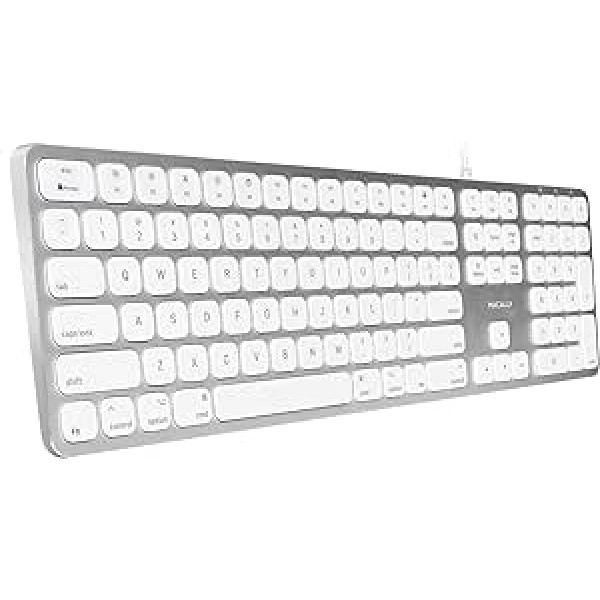 Macally paplašināta Mac tastatūra ar ciparu tastatūru, 2 USB pieslēgvietām centrmezglu un 1,5 m USB kabeli (sudraba alumīnija)