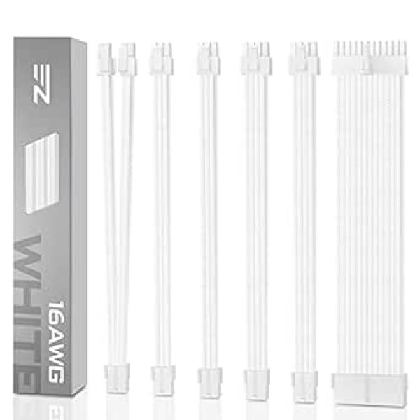 EZDIY-FAB PSU Cable Extension Set Sleeve Cable Custom Power Supply Sleeve Extension 16 AWG 24 Pin 8 Pin 6 Pin 4+4 Pin with White Combs White Plug White Cable