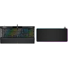 Corsair K100 RGB optinė-mechaninė žaidimų klaviatūra, juoda ir MM700 RGB išplėstinis žaidimų pelės kilimėlis su audinio paviršiumi (930 × 400 mm paviršius, USB šakotuvas su dviem prievadais) Juoda