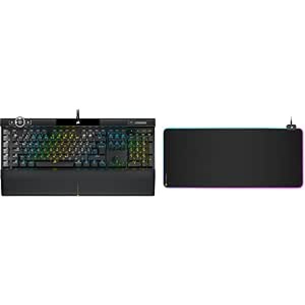 Corsair K100 RGB optinė-mechaninė žaidimų klaviatūra, juoda ir MM700 RGB išplėstinis žaidimų pelės kilimėlis su audinio paviršiumi (930 × 400 mm paviršius, USB šakotuvas su dviem prievadais) Juoda