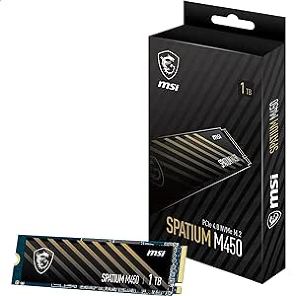 MSI SPATIUM M450 SSD 1 TB — PCIe 4.0 NVMe M.2 iekšējais cietvielu disks, 3600 MB/s lasīšanas un 3000 MB/s rakstīšanas ātrums, 3D NAND, iebūvēta datu drošība, centrs — 5 gadu garantija (600 TBW)