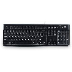 Logitech K120 biznesa vadu tastatūra operētājsistēmai Windows un Linux, USB ports, Silent Touch, izturīga, necaurlaidīga, tastatūras statīvs, ukraiņu izkārtojums — melns