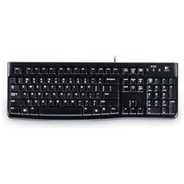 Logitech K120 biznesa vadu tastatūra operētājsistēmai Windows un Linux, USB ports, Silent Touch, izturīga, necaurlaidīga, tastatūras statīvs, ukraiņu izkārtojums — melns