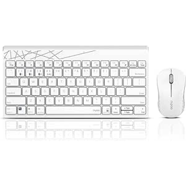 Rapoo 8000M bezvadu tastatūras peles komplekts Wireless Deskset 1300 DPI sensors, 12 mēnešu akumulatora darbības laiks, kompakts vācu izkārtojums QWERTZ PC un Mac — balts