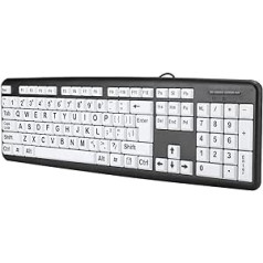 VBESTLIFE tastatūra ar lielu druku, USB vadu tastatūra vājredzīgajiem gados vecākiem cilvēkiem ar baltiem taustiņiem ar lielu druku senioriem (melna)