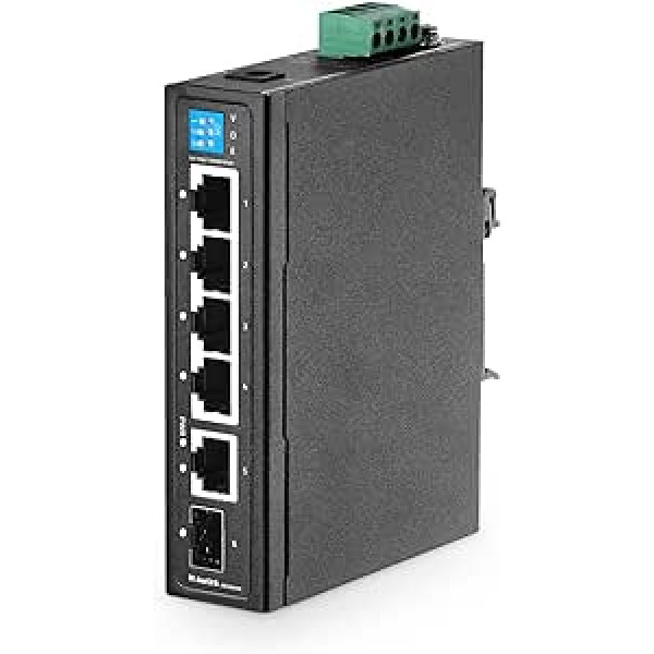 MokerLink 6 prievadų pramoninis Din bėgio Gigabit jungiklis, 4 x 100/1000 Mbps prievadai ir 1 Gigabit Uplink, 1 Gigabit SFP, metalinis DIN bėgelis ir sieninis Ethernet jungiklis