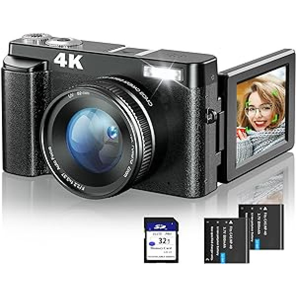 4K digitālā kamera automātiskā fokusa 48MP fotokamera ar UV objektīvu 32G kartes kompakta kamera kamera ar 3 collu 180° apgriežamo ekrāna zibspuldzes gaismu un attēla stabilizāciju tiešraides video emuāri pakalpojumam Tiktok