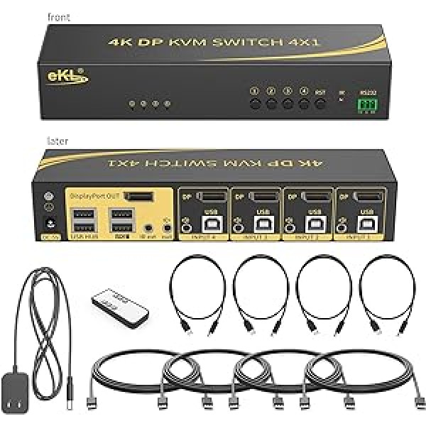 Huasion KVM Switch Displayport 4 Port DP 1.2 4x1 Atbalsta 4K @ 60Hz 4:4:4 Hotkey Switching Keyboard Mouse Audio ar USB 2.0 Kontrolējiet līdz 4 datoriem