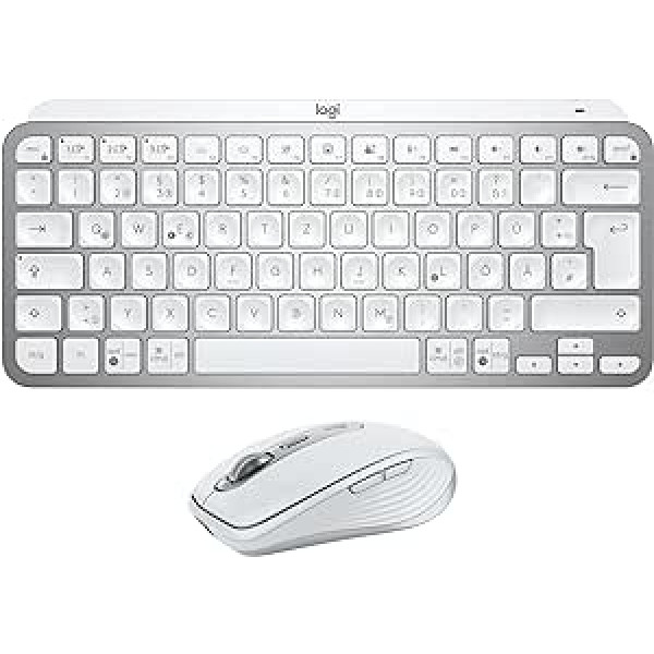 Logitech MX Keys Mini Keyboard + MX Anywhere 3S bezvadu pele — gluda rakstīšana, apgaismoti taustiņi, ātra ritināšana, Bluetooth, saderīga ar vairākām operētājsistēmām — gaiši pelēka, QWERTZ izkārtojums