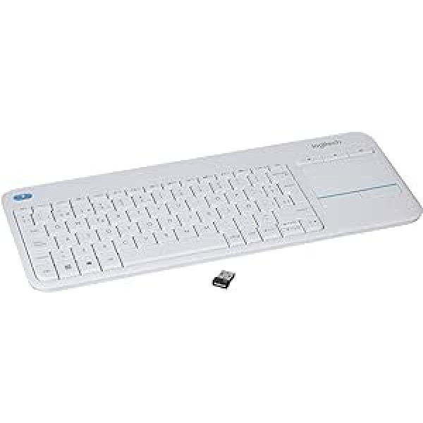 Logitech K400 Wireless Plus TV tastatūra ar skārienpaliktni, 2,4 GHz savienojums, izmantojot USB Unifying uztvērēju, programmējami multivides taustiņi, Windows / Android / ChromeOS, spāņu QWERTY izkārtojums - balts