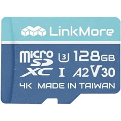 LinkMore 128 GB Micro SDXC karte, A2, UHS-I, U3, V30, saderīga ar 10. klasi, lasīšanas ātrums līdz 160 MB/s, rakstīšanas ātrums līdz 100 MB/s, iekļauts SD adapteris