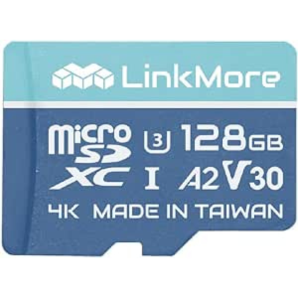 LinkMore 128GB Micro SDXC kortelė, A2, UHS-I, U3, V30, 10 klasės suderinama, skaitymo greitis iki 160 MB/s, rašymo greitis iki 100 MB/s, SD adapteris įtrauktas