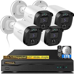 {CCTV 5MP HD āra novērošanas kameru komplekts} 4 kanālu videonovērošanas drošības kameru sistēma, PoE kameras novērošana ar 4x PoE IP kameru un 1 TB HDD DVR 24/7 ierakstīšanai iekštelpās ārpus telpām IP67