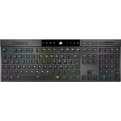 Corsair K100 Air Wireless RGB mehāniskā spēļu tastatūra, īpaši plāna, Sub-1 ms Slipstream Wireless, Bluetooth, Cherry MX īpaši zema profila taustiņu slēdži, vācu Qwertz izkārtojums, melns