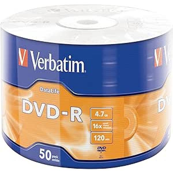 Verbatim DVD-R 16x, DataLife, Matt Silver 4,7 GB, 50 gab. iepakojumā, rakstāmi DVD sagataves, 16 x ierakstīšanas ātrums un skrāpējumu aizsargs ar cieto pārklājumu, DVD-R sagataves, tukšs DVD, sagataves DVD