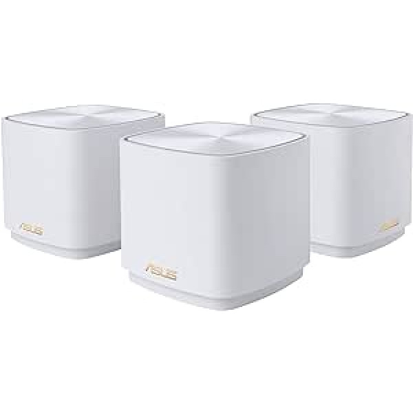 ASUS ZenWiFi XD5 AX3000 komplekts ar 3 baltiem kombinējamiem maršrutētājiem (Whole-Home Mesh WiFi 6 sistēma, pārklājums līdz 465 m², 160 MHz, 3000 Mbit/s, AiMesh, AiProtection)