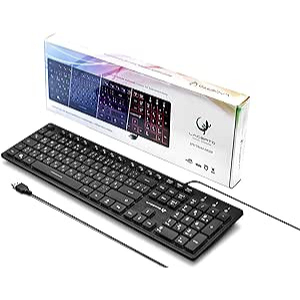 Lacerto® Bilingual Russian-German Illuminated Keyboard, USB, Splashproof, German + Russian, Russian-German Illuminated Multimedia Keyboard, SPECTRUM-DR500