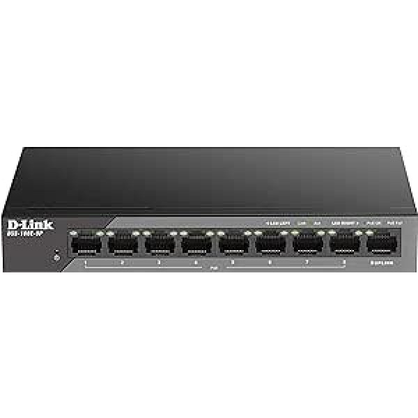 D-Link DSS-100E-9P 9 portu ātrā Ethernet PoE nepārvaldīts novērošanas slēdzis (atbalsta līdz 250 metriem liela diapazona PoE, 8xPoE, 92 W PoE budžetu, Gigabitu augšupsaite, 6kV pārsprieguma aizsardzība, bez ventilatora)